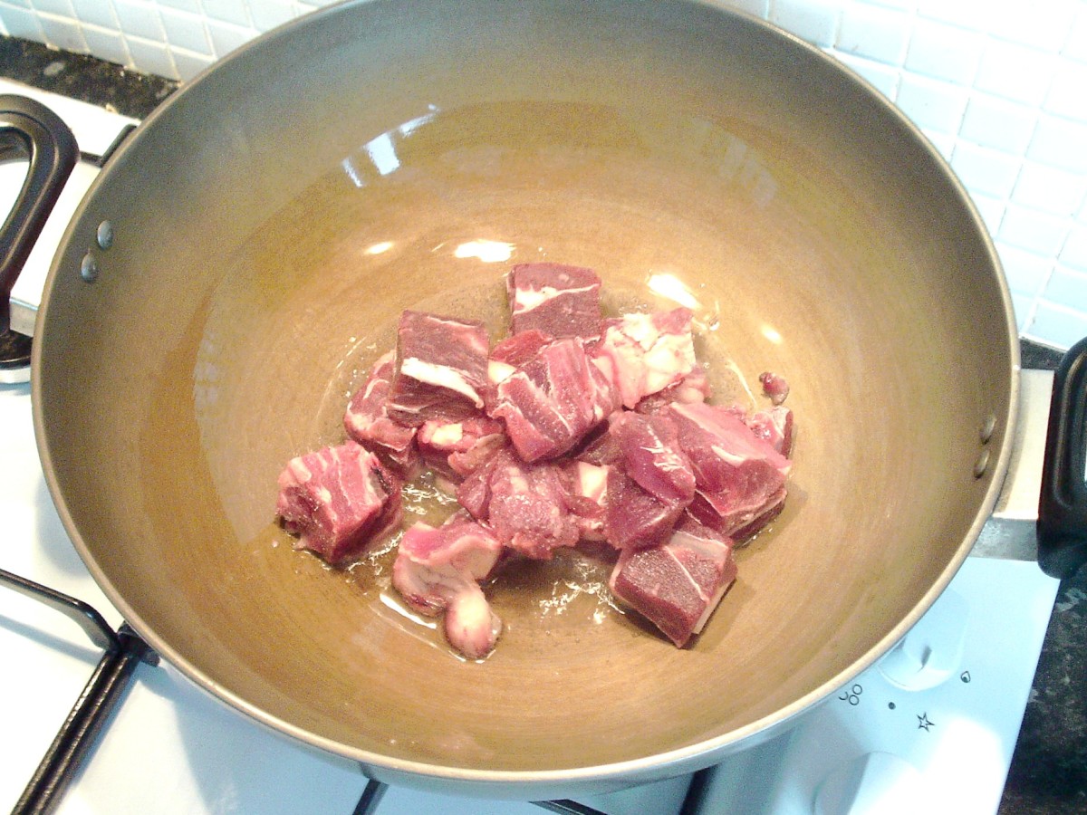 Goat meat is quickly fried to brown and seal