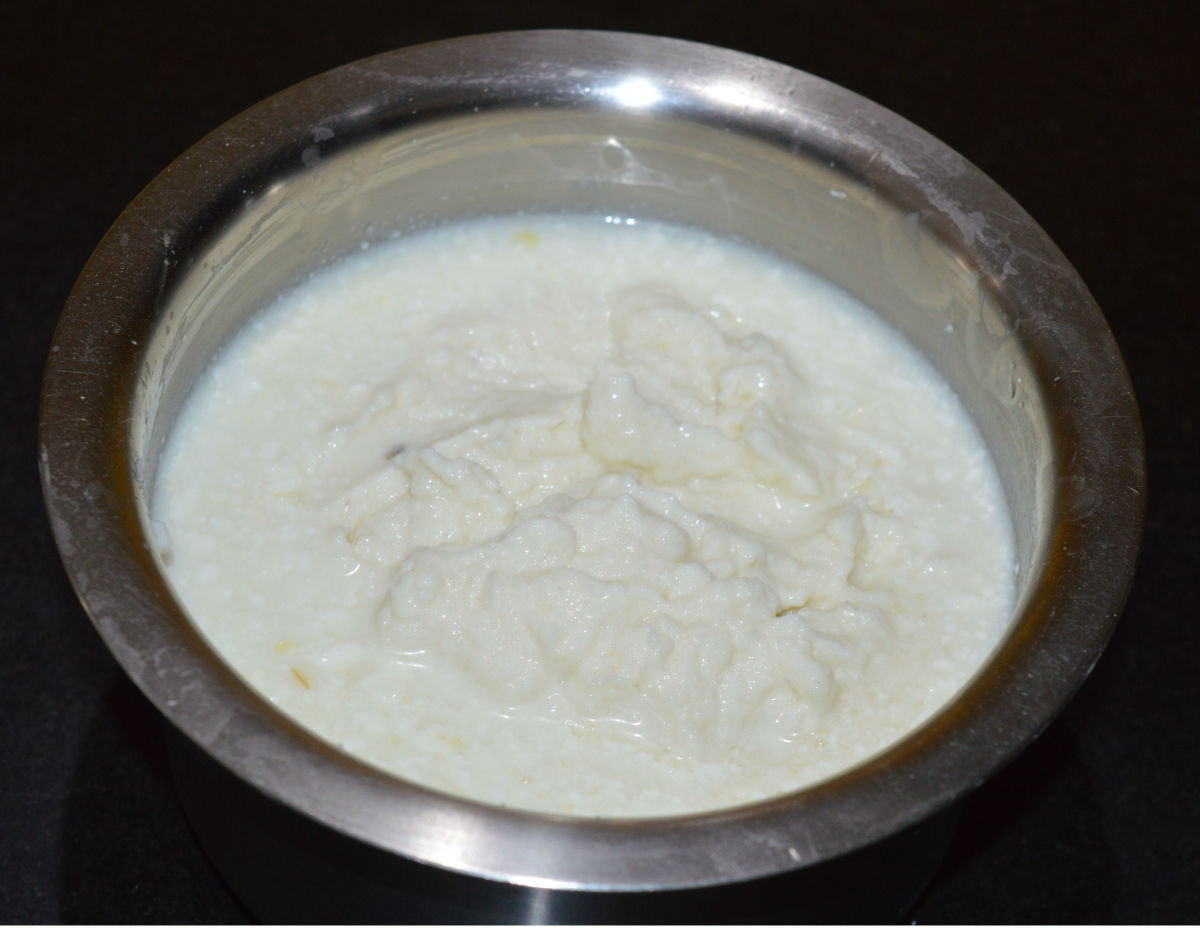 Step four: Add it to the soaked rice rava mix. Add salt and mix well. This is the batter for making the idlis.