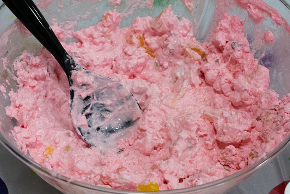 This salad has many names, pink stuff, cherry fluff, cherry fluff cottage cheese, and more!