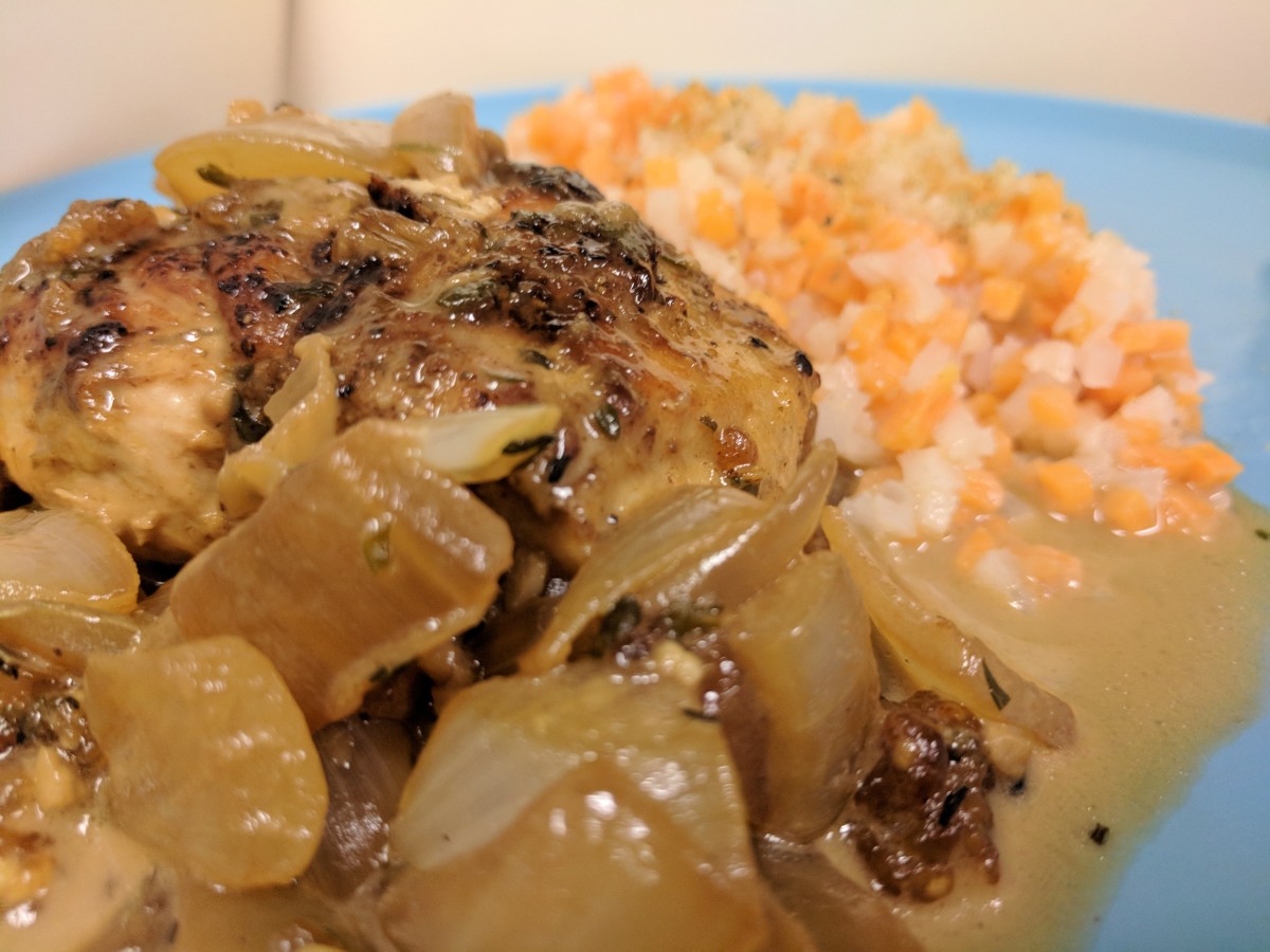 Chicken in Brie sauce with riced cauliflower and sweet potato