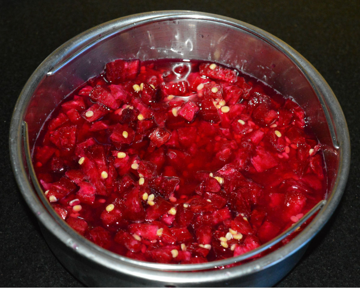 Step one: Pressure-cook diced beetroot, moong dal, and salt together with water until beetroot is cooked. This may take about 7 minutes. Turn off the heat.