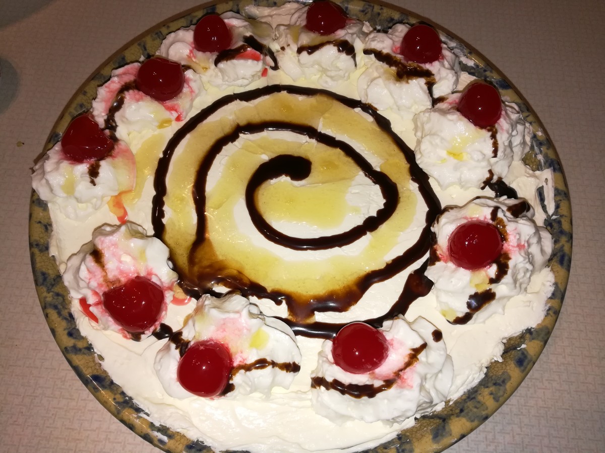 Drizzle with honey and chocolate sauce. Top with whipped cream and maraschino cherries.