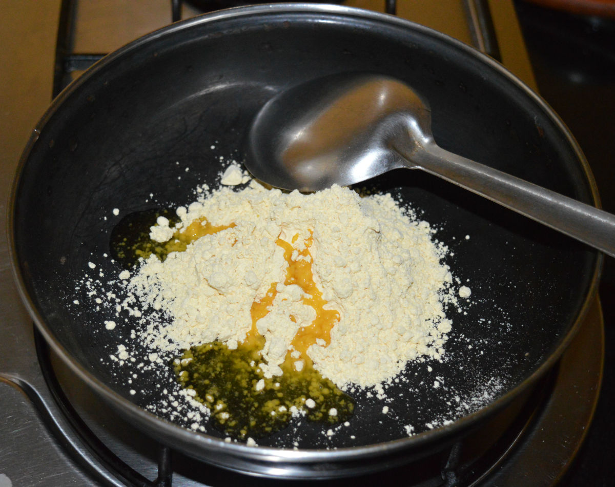 Step two: Saute gram flour in 1 tablespoon of ghee until you get a nice aroma.