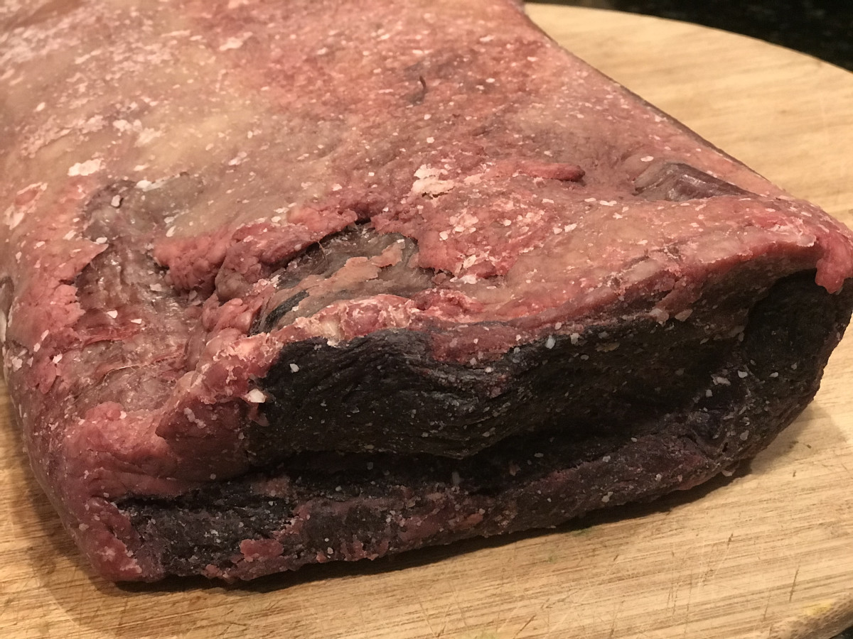 Example of mold created during dry-aging of beef (top and bottom) at 45 days. Here's the hard fat layer.