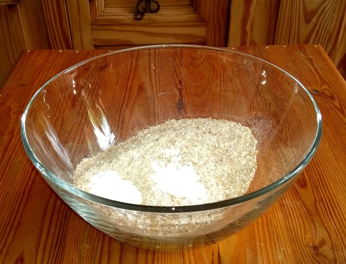 Measure out 1 lb of whole brown flour into a bowl. Add 1 rounded teaspoon of baking soda