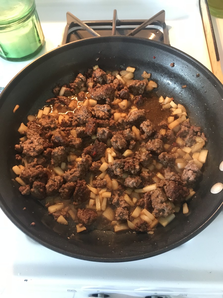 Cooked ground beef with seasonings and water chestnuts.