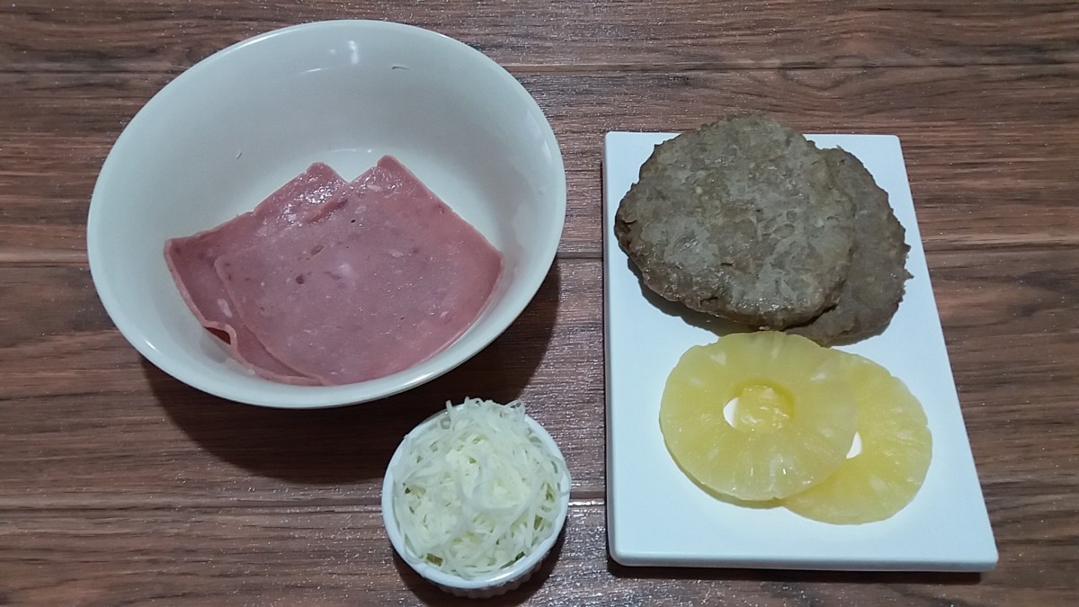 Ingredients for a Hawaiian burger in a blanket.