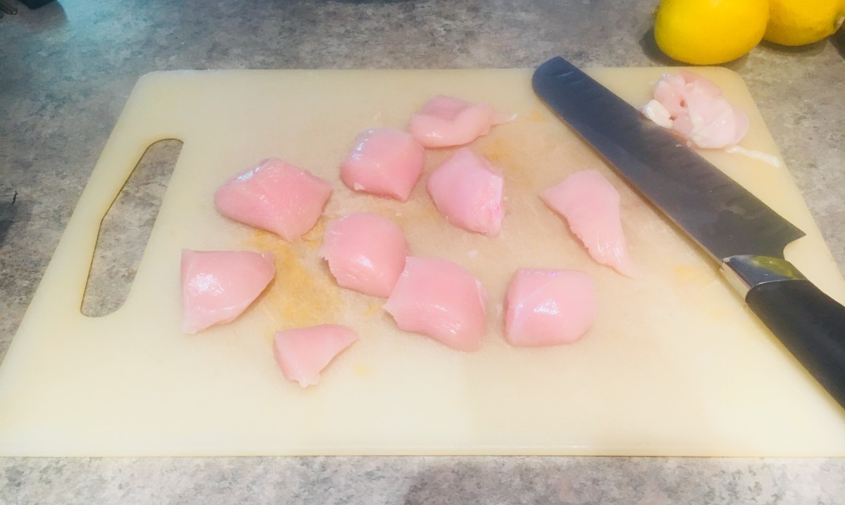 Cut your chicken breasts into 1 1/2-to-2-inch cubes.