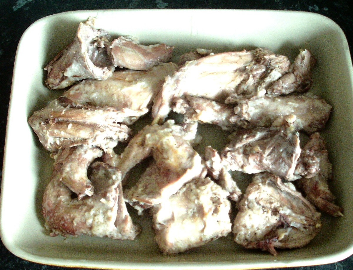Cooked rabbit and squirrel portions are left to cool