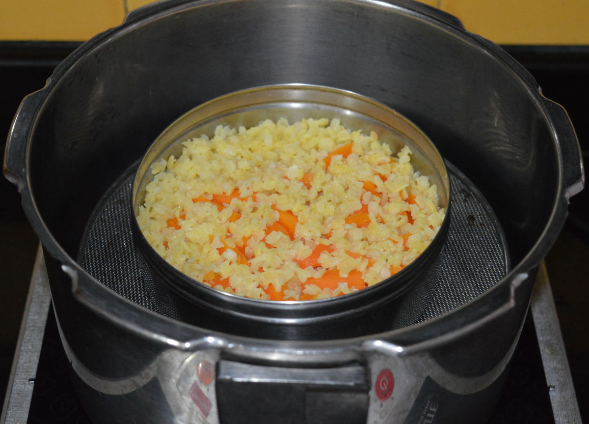 The cooked moong dal and carrot mix