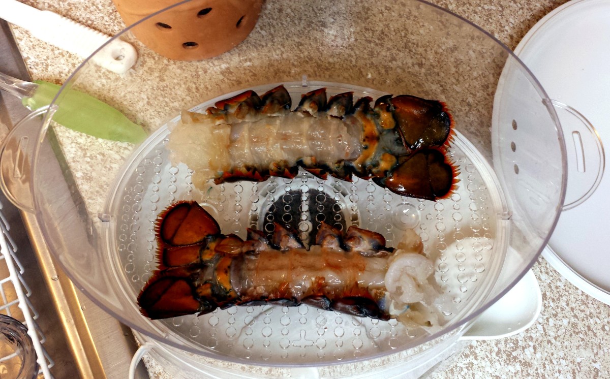Lobster Tails Awaiting Their Fate in a Steamer/Rice Cooker