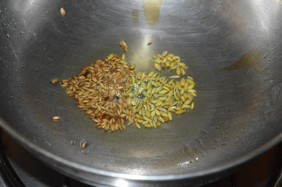 Step one: Heat oil in a deep-bottomed pan. Add cumin seeds and saunf (aniseed). Saute until they crackle.