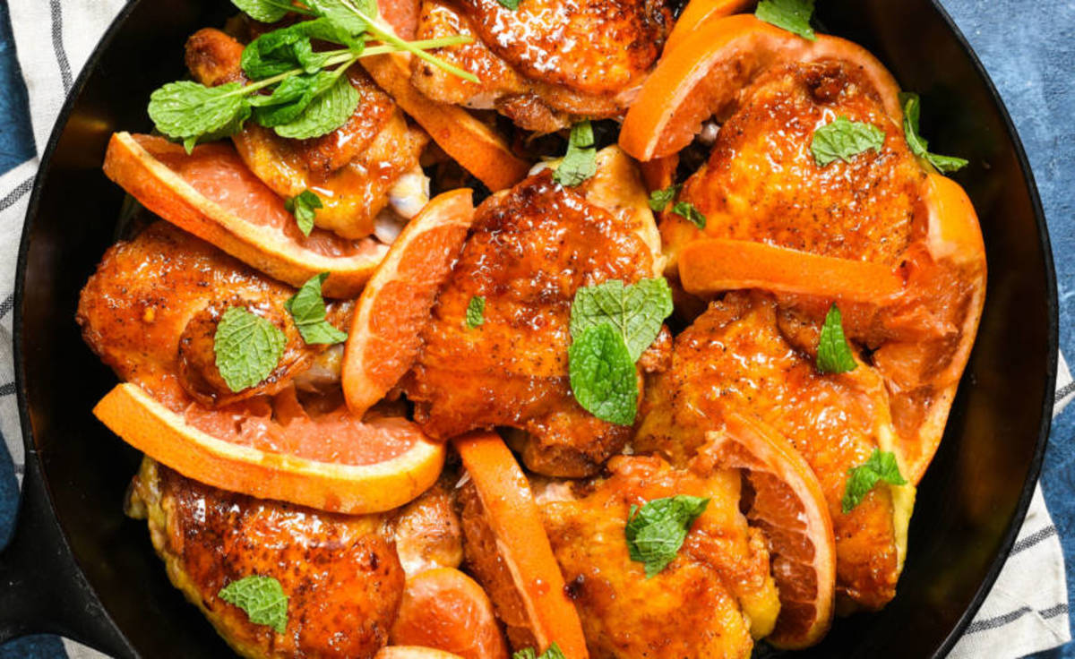 Roasted chicken thighs with grapefruit honey glaze