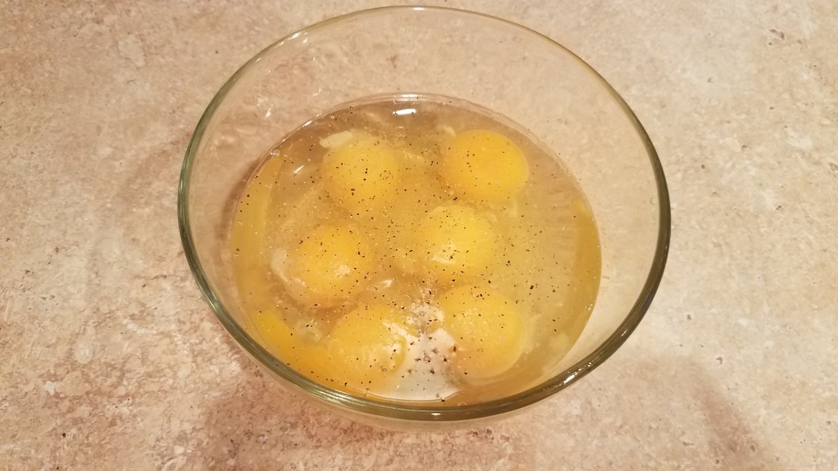 Then, in a small bowl on the side, crack your six eggs.