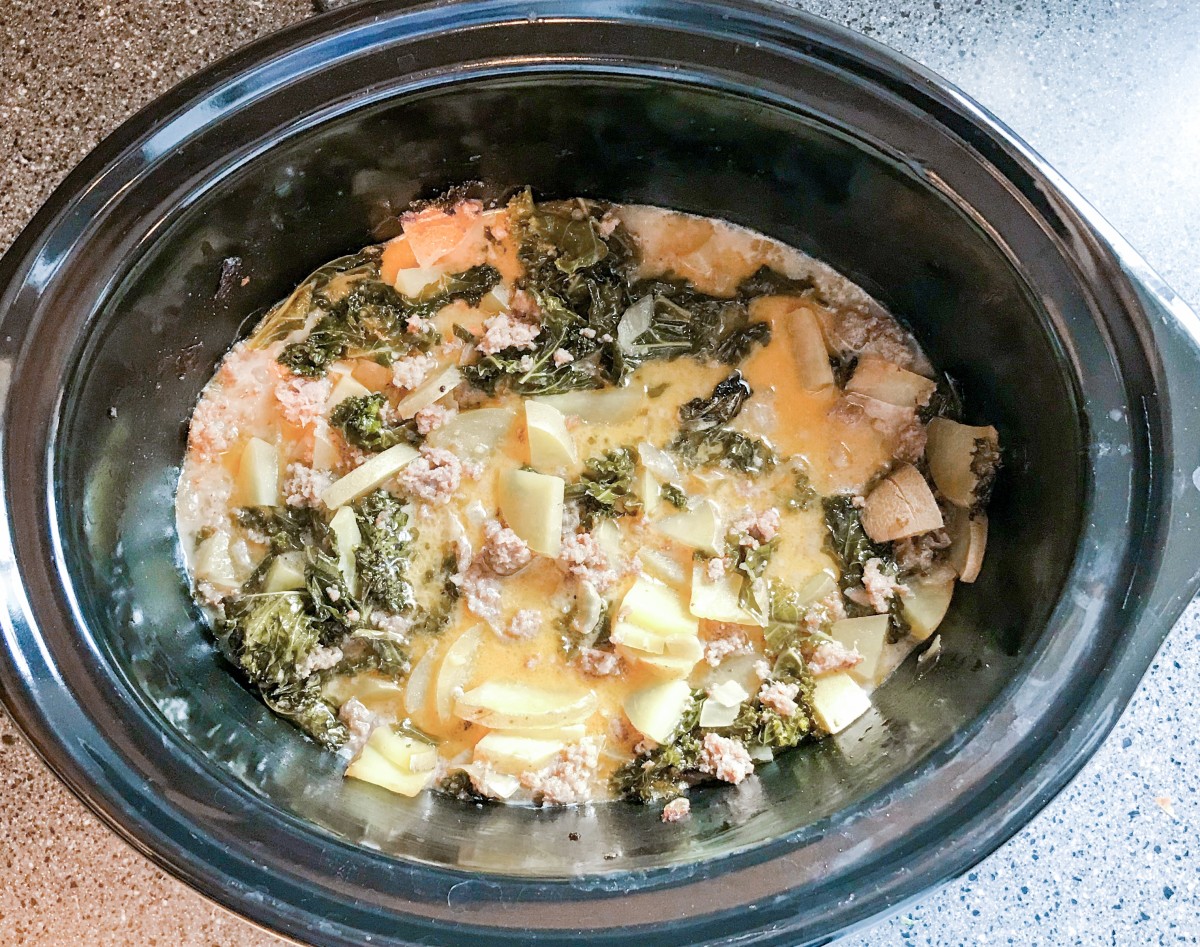 The completed Zuppa Toscana in the crockpot