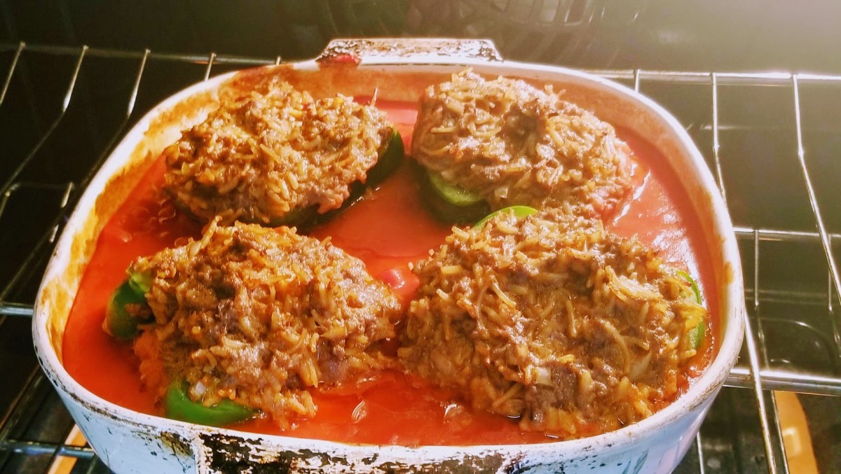 Fresh out of the oven, stuffed green bell peppers