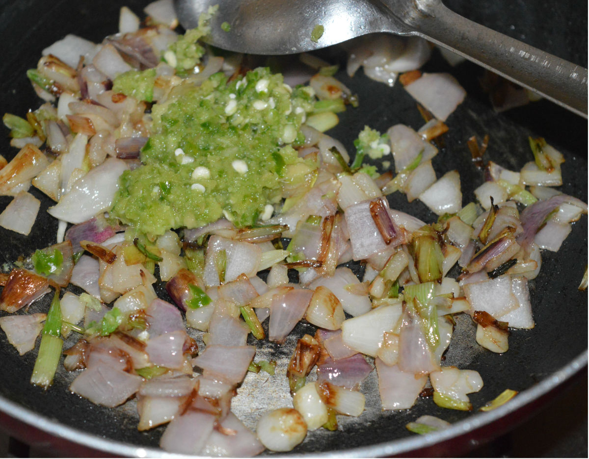 Add the ginger-garlic-green chili paste. Saute for 30 seconds or until you get the nice aroma of the fried herbs.