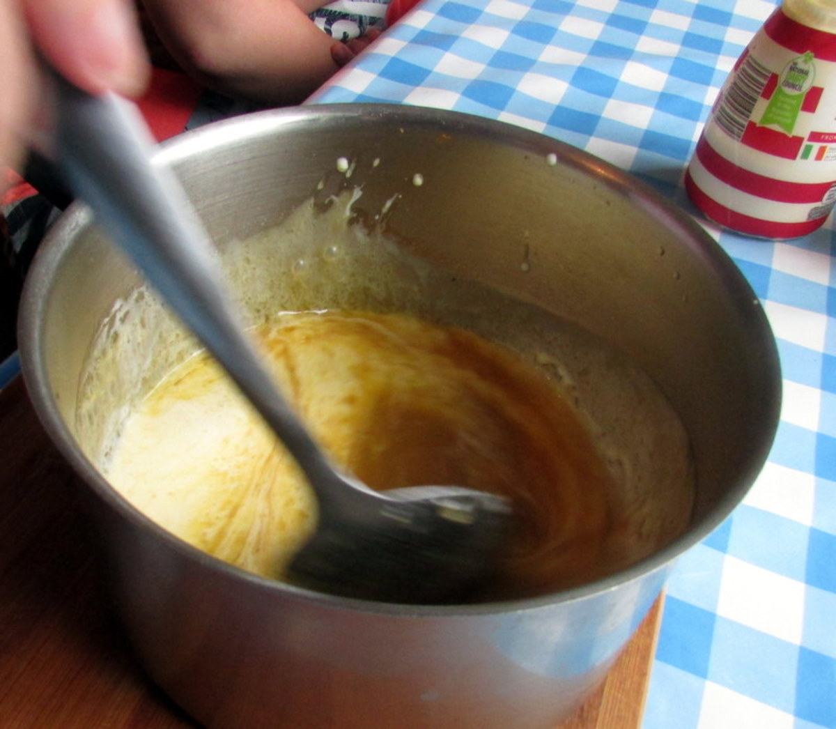Stir in the cream slowly.