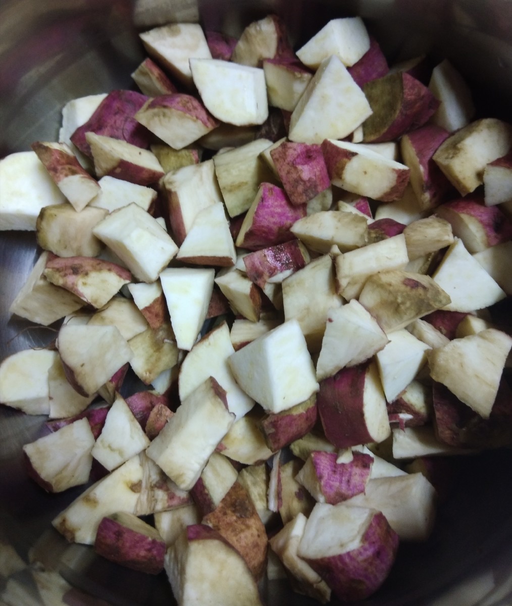 Chop sweet potatoes into medium, equal-sized cubes.