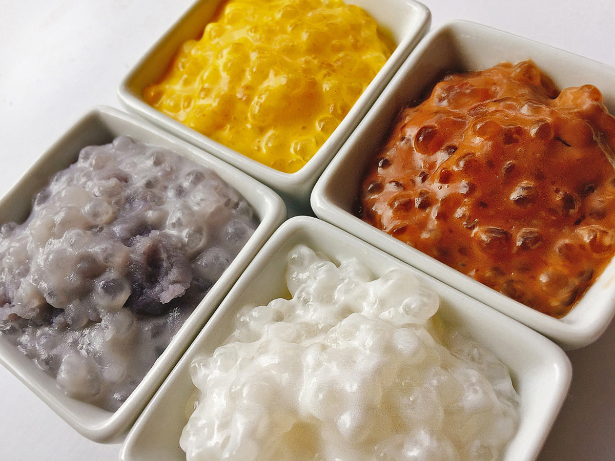 Variations on the same delightful theme: taro, passionfruit, chocolate, and coconut tapioca puddings.
