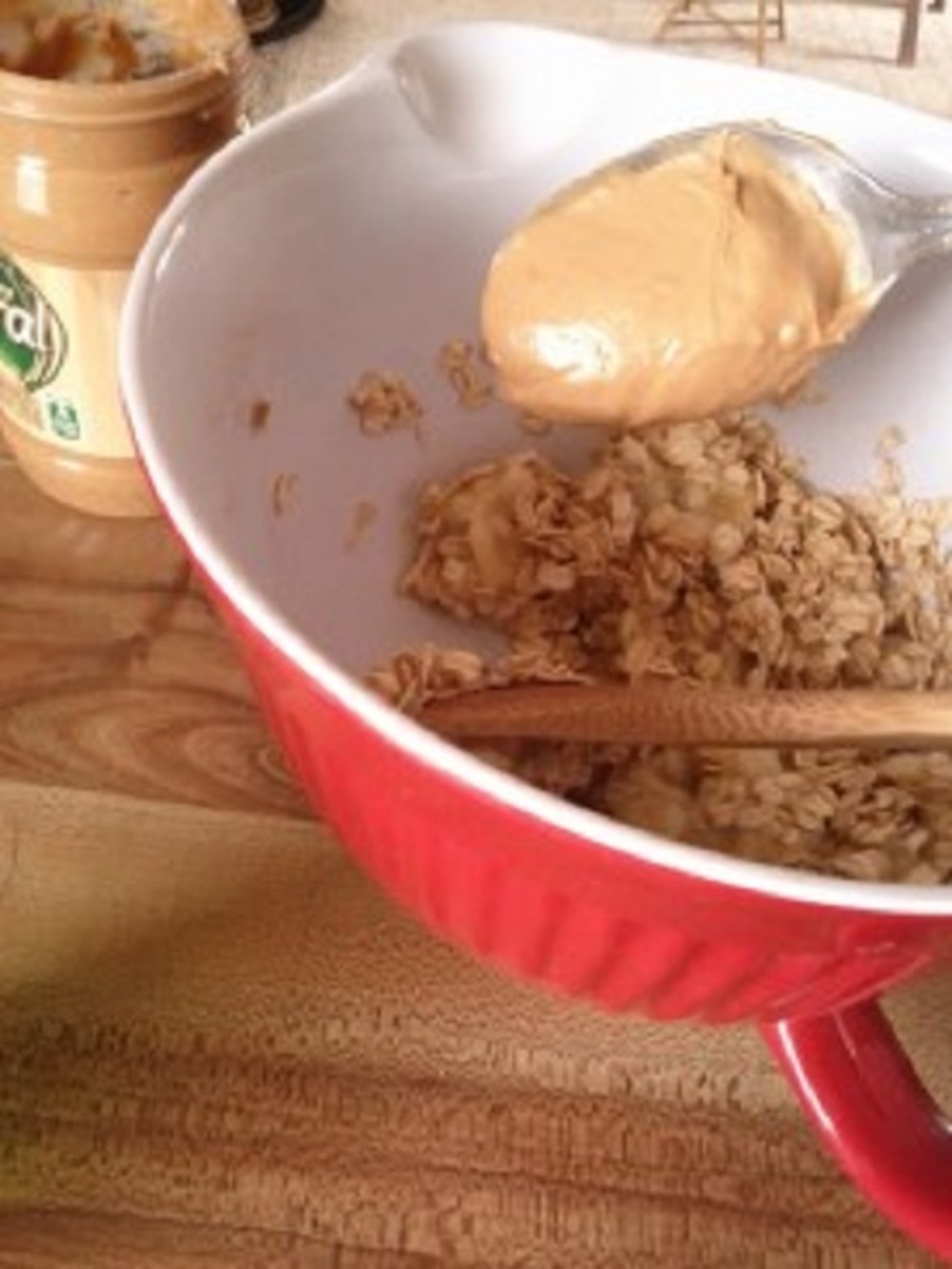 Mix in the oats and peanut butter.