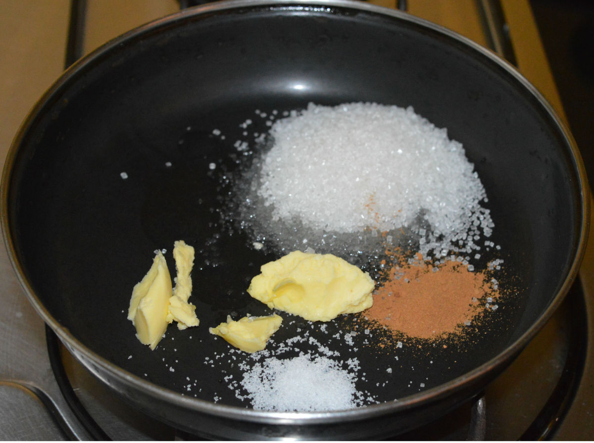 Step one: In a deep-bottomed pan, add butter, sugar, cinnamon powder, and salt.
