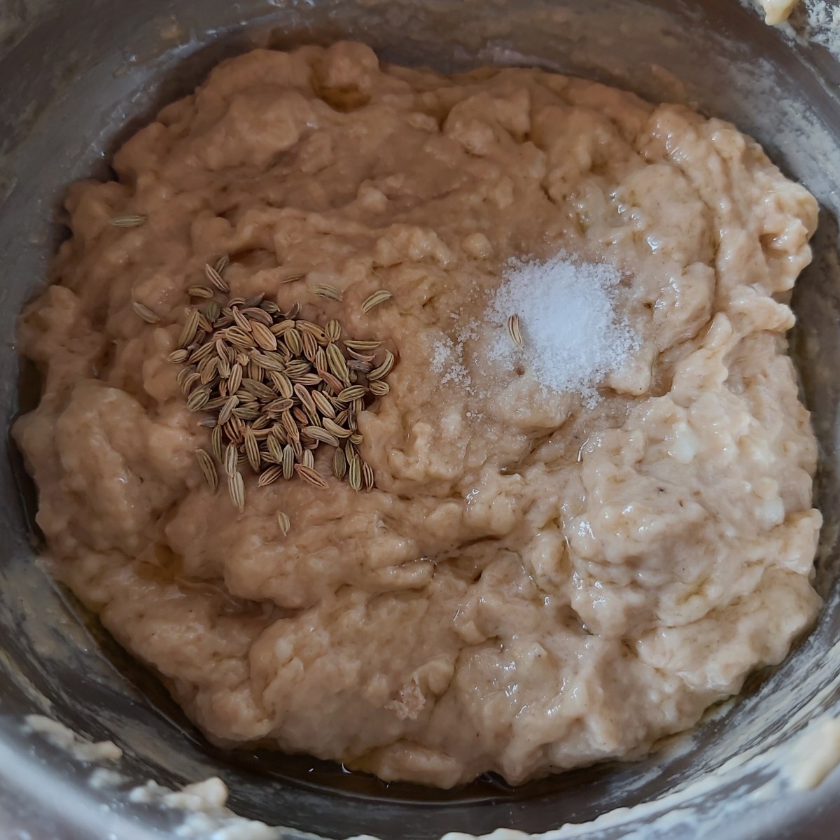 Add 1 tablespoon of fennel seeds and 1/2 teaspoon of salt to the batter (you can also add cardamom powder and ginger powder for the extra flavor).