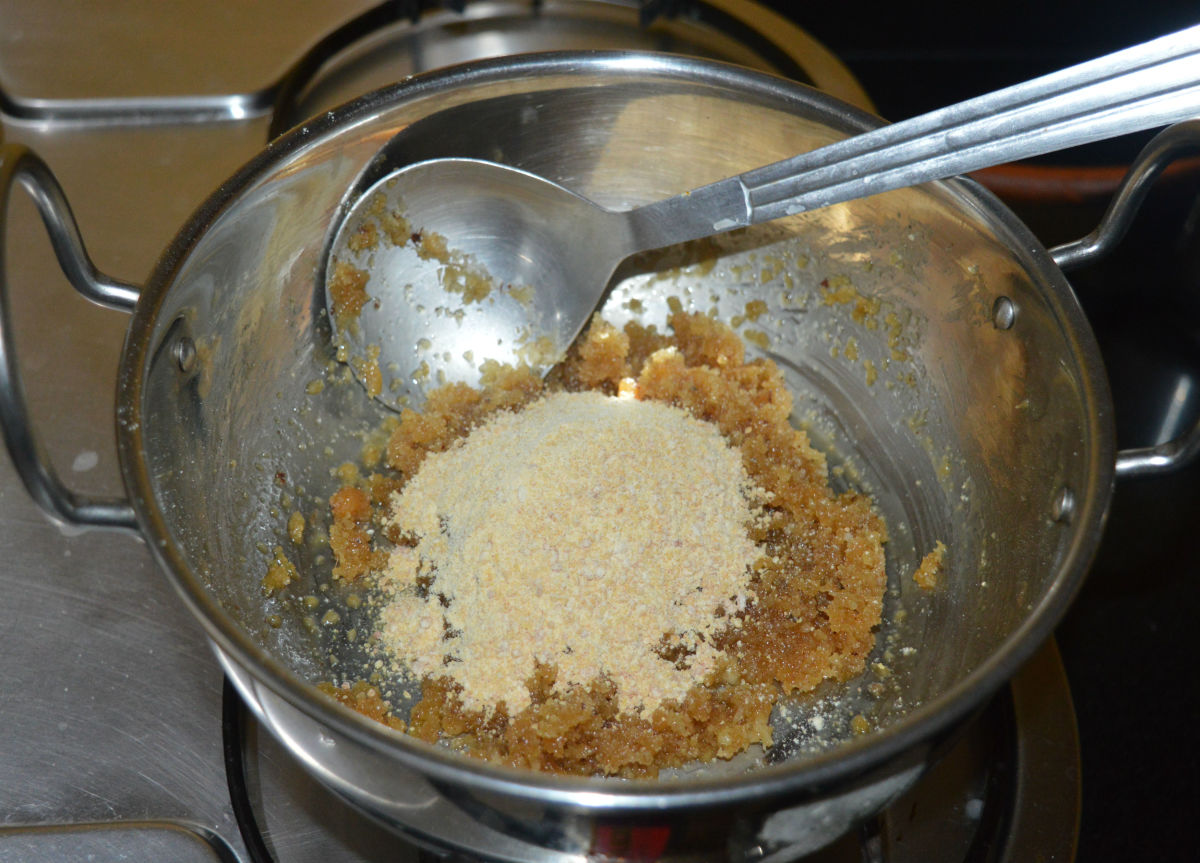 Step three: Add moong dal powder and a pinch of salt. Mix well. 
