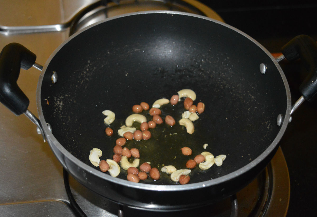Step one: Roast peanuts and cashew nuts in some ghee. Remove and set aside. You will use this mixture for garnish.