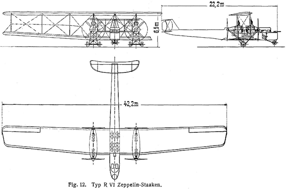 WWI: Zeppelin-Staaken R.VI (Giant) diagram, dimensions in meters.