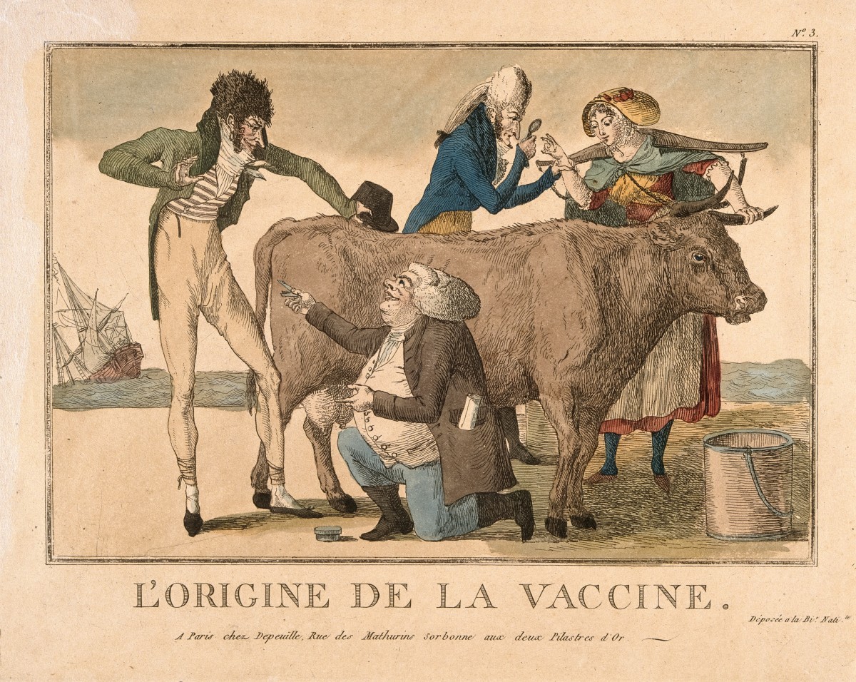 A physician inspects cowpox pustules on a dairy maid's hand.