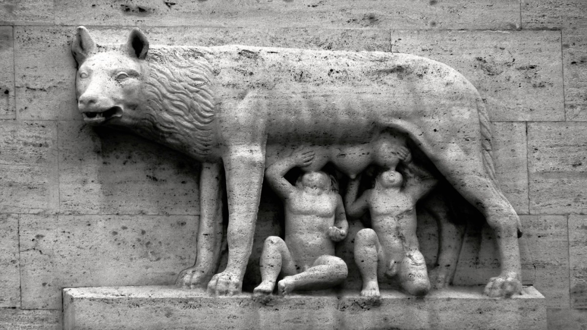 Relief sculpture of infant brothers Romulus and Remus, adopted and raised by a female wolf.