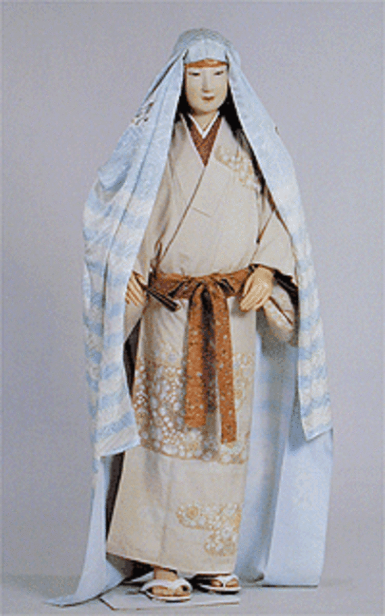 An example of a classy Muromachi Period lady, wearing a katsugu on her head and a patterned narrow obi.