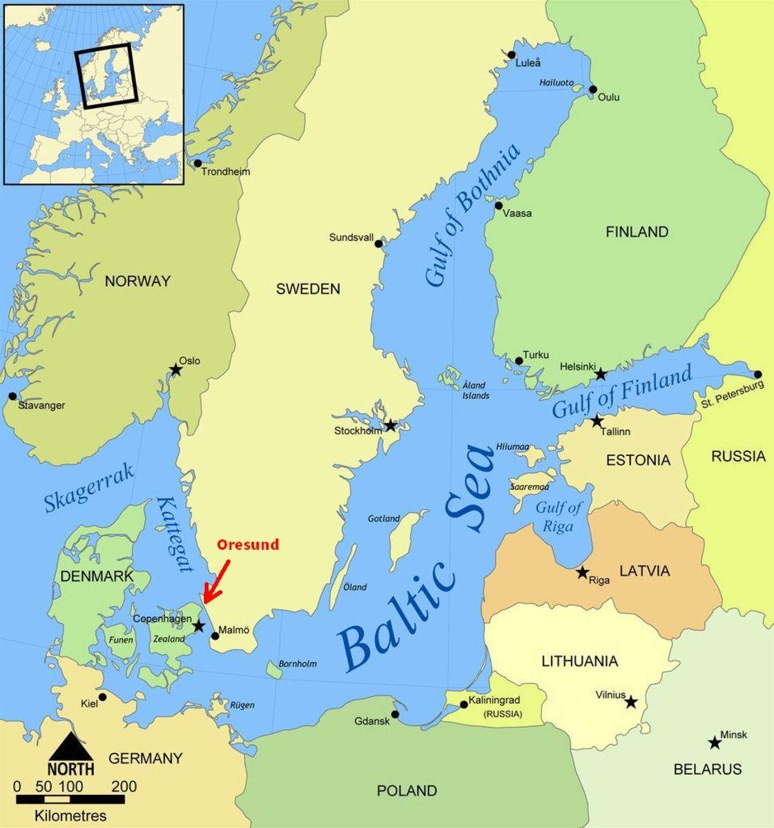 The Baltic Sea, showing the narrowest part of the Oresund in the Denmark Straits.