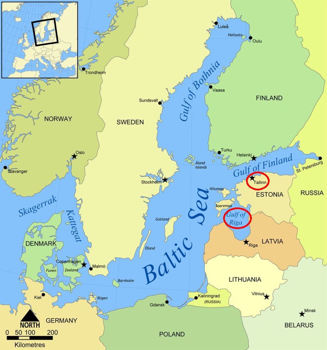 The Baltic Sea, showing the location of Tallin, Estonia and the Gulf of Riga.