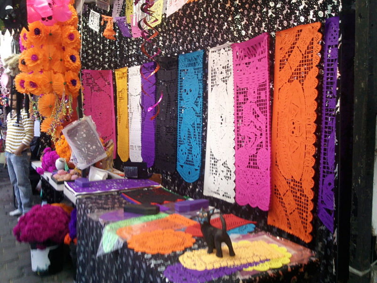 Typical examples of traditional Mexican "papel picado" on sale in a market
