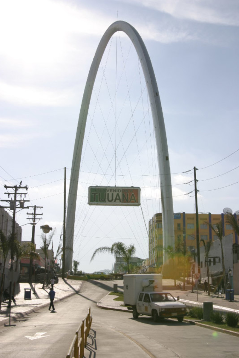 The "Welcome Arch" at the border crossing town of Tijuana, Mexico.