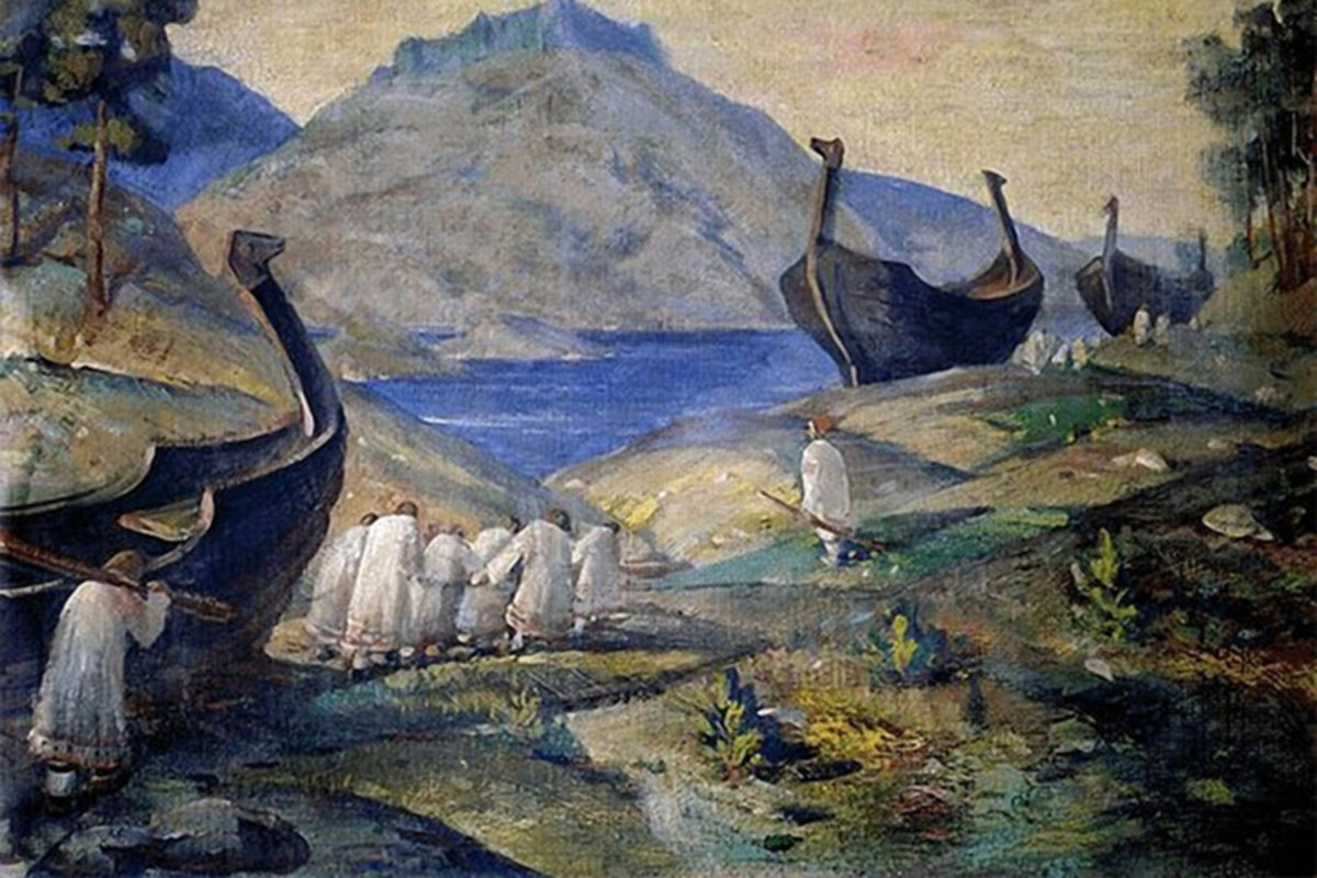 Vikings dragging boats by land, which they occasionally had to do in order to bypass parts of the river that could not be traversed by boat.