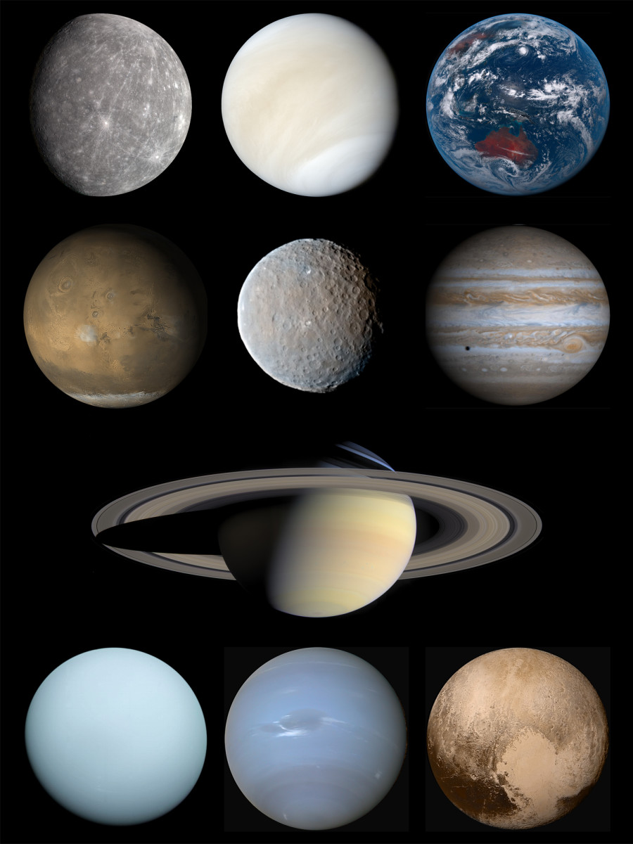 My Solar System Portrait (Missing: Eris, Makemake, Haumea, et alia.) Note: Ceres is very approximate. I overlaid a Hubble photo on it to get a general idea of color, but we still don't have a full-globe color photo from the Dawn mission to Ceres.