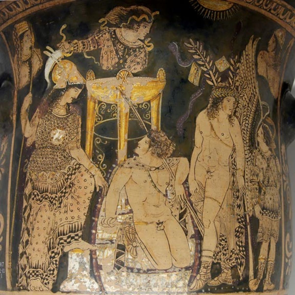 The Fury near the top of the vase is adorned with her characteristic snakes.