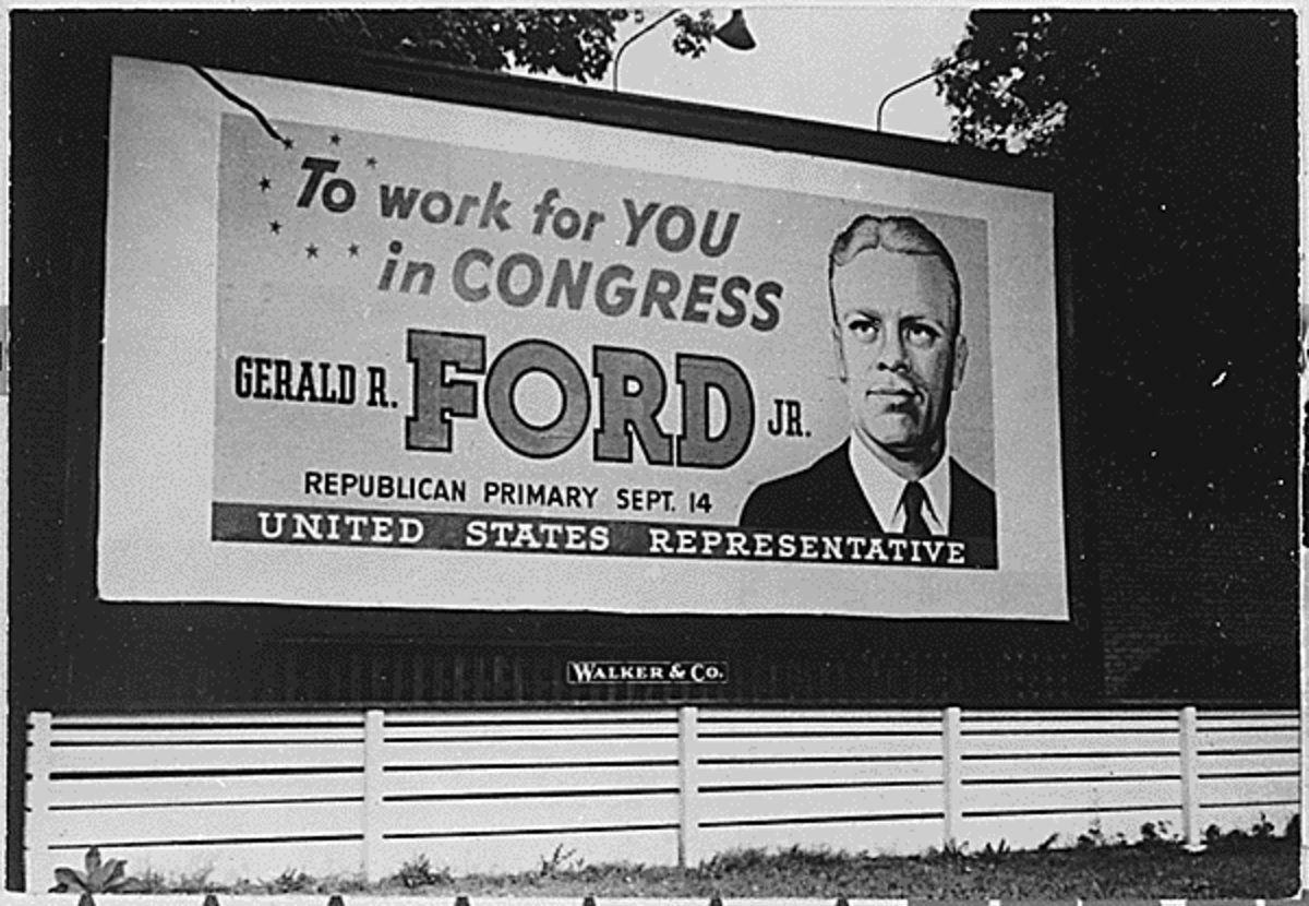A billboard for Gerald R. Ford Jr., located in Michigan. Ford seek support for the September 14, 1948 Republican primary election: "To work for you in Congress" as a U.S. Representative.