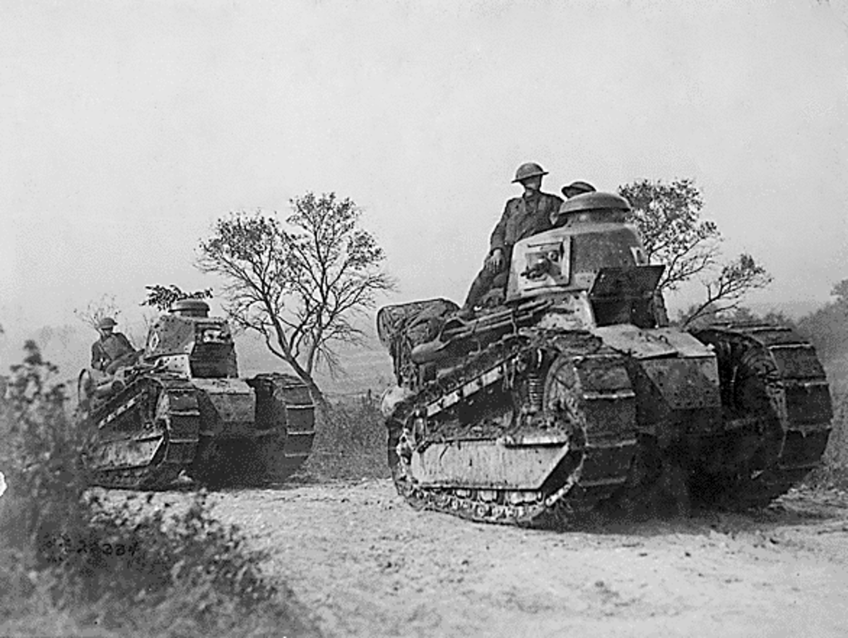 American soldiers driving Renault FT tanks on the western front.