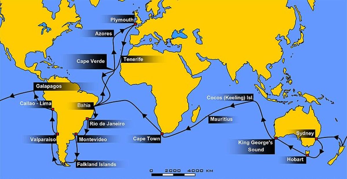 This photo depicts the journey of the HMS Beagle, which visited many countries during its five-year journey. 