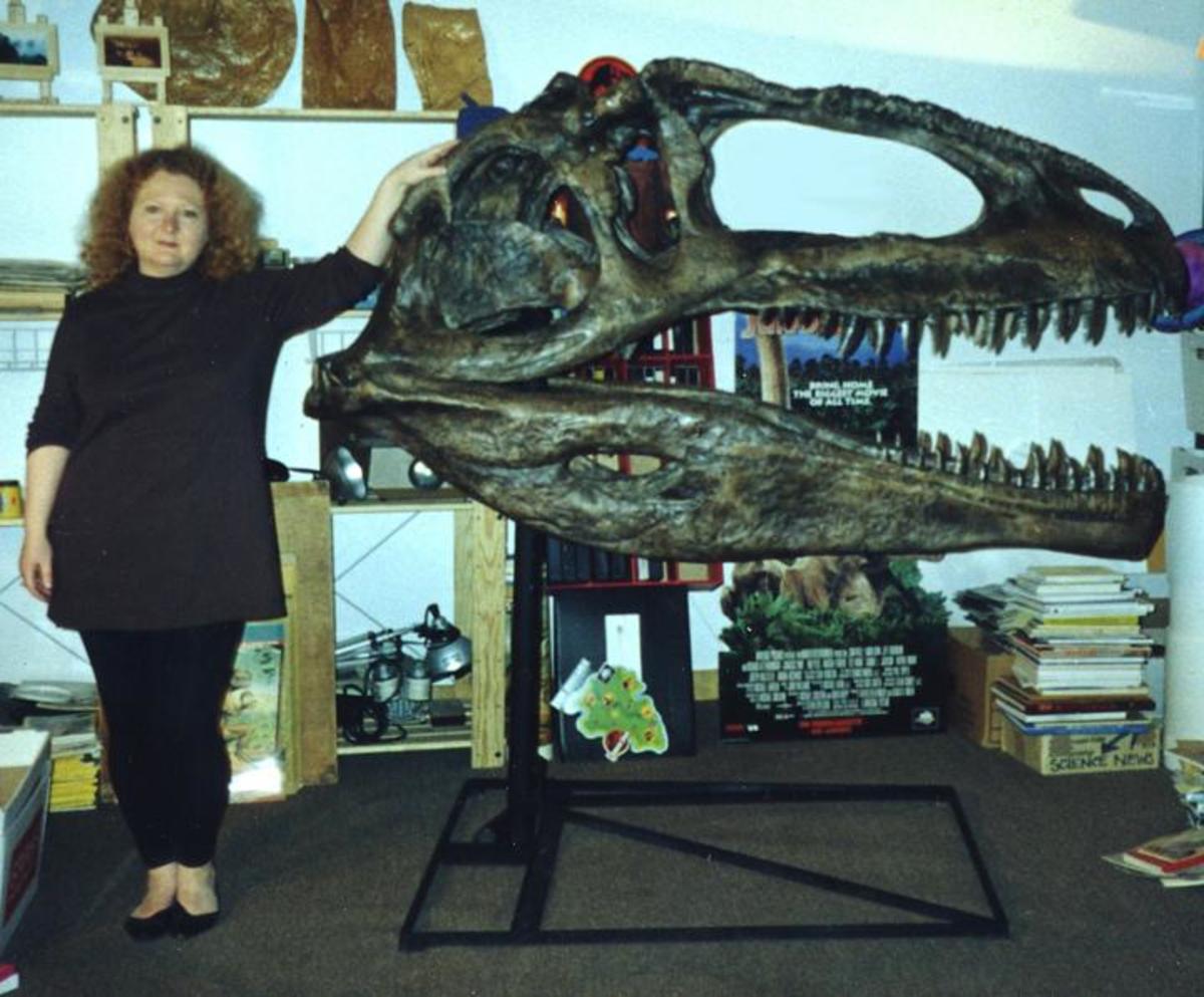 Tess next to the skull cast of Giganotosaurus, measuring about 6.1 ft long, c. 1995.
