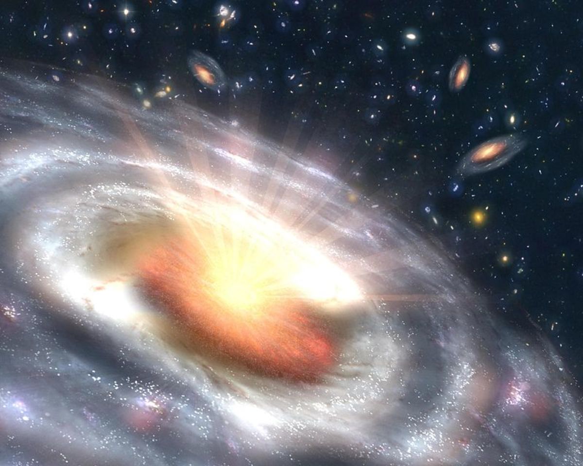 A powerful quasar burns at the center of a distant galaxy
