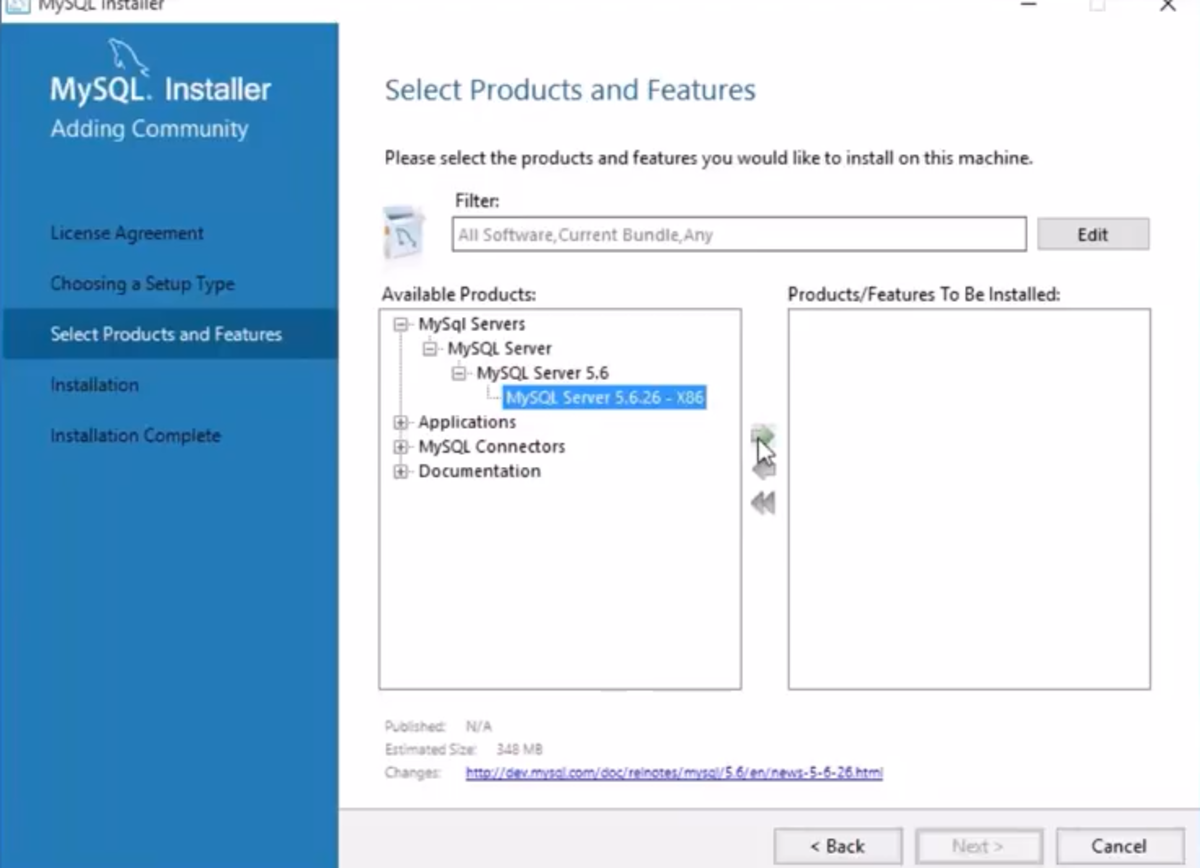 Choose the MySQL Server to add from the list of products.