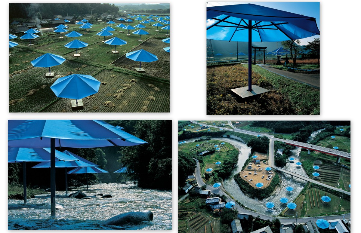 Blue umbrellas were chosen for the Japanese portion of the installation to represent water and rice fields.