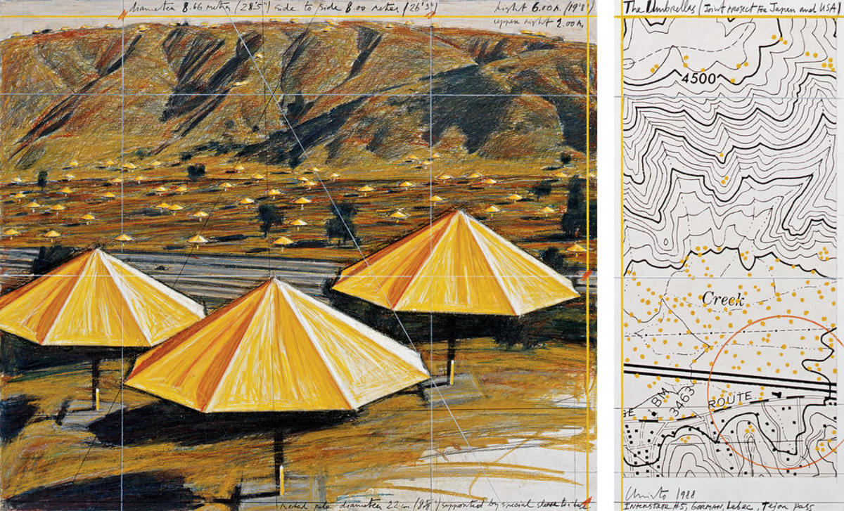 A drawing of the The Umbrellas by Christo and Jeanne-Claude. 