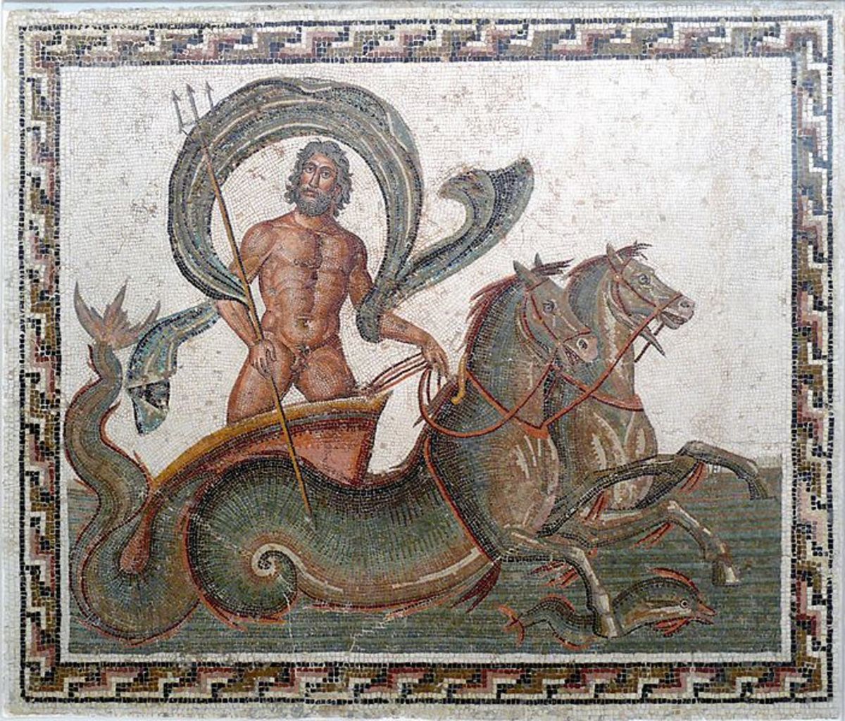 3rd century CE Roman mosaic from Sousse, Tunisia showing Poseidon in his chariot drawn by hippocamps.