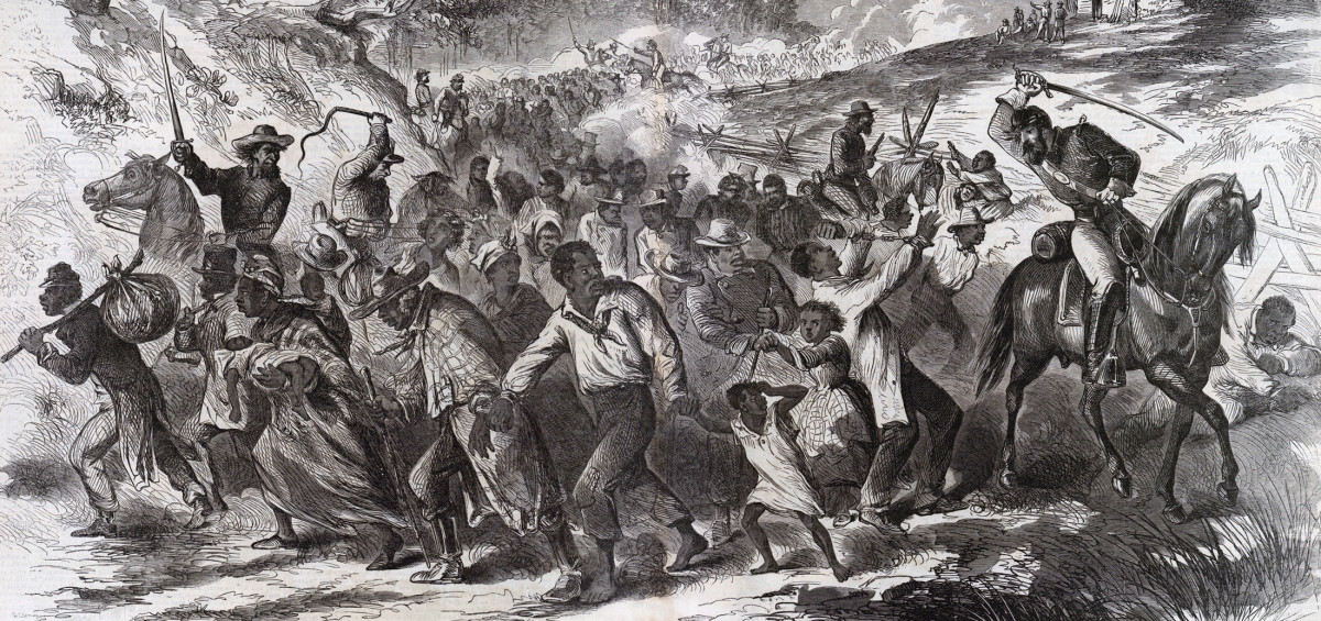 Confederates driving slaves south